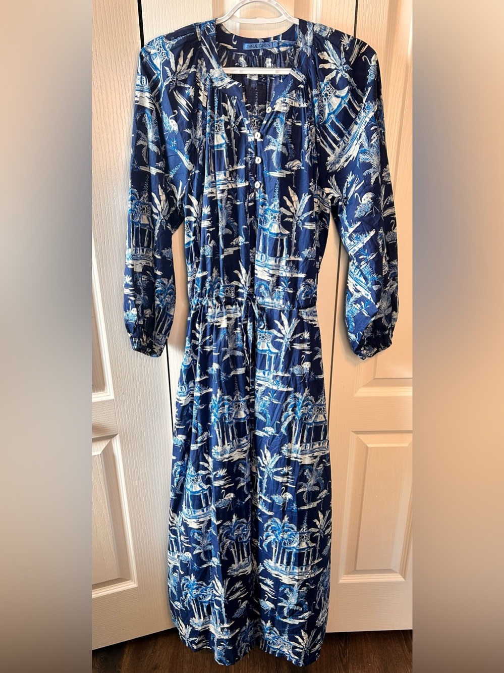 J McLaughlin Women’s Small Navy Blue Palm-Print Midi Cotton Dress Pull Tie Beach
